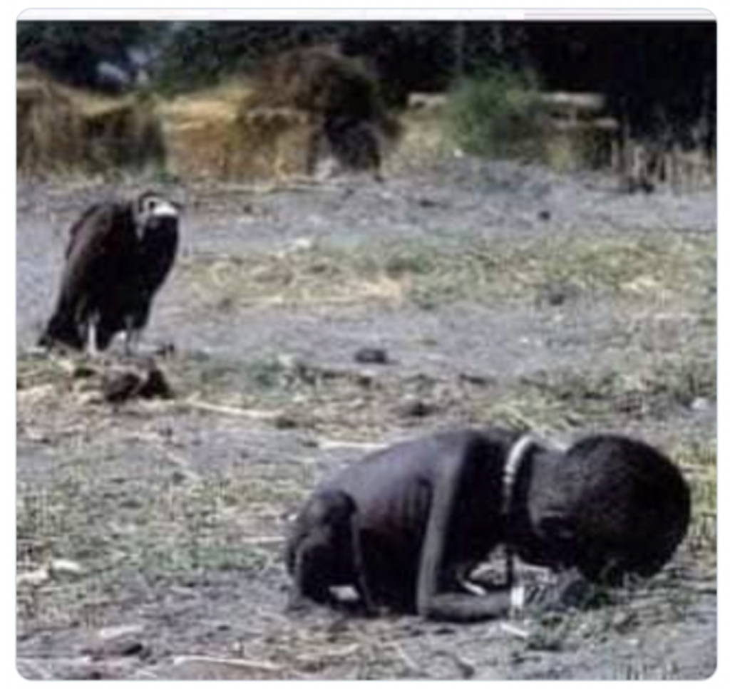 A famous photo of a child starving in the Sudan, shadowed by a waiting vulture.